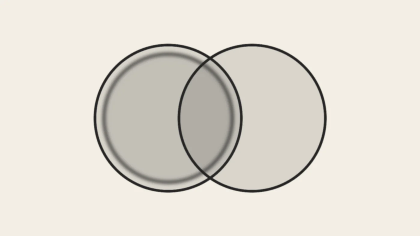 Two overlapping ink-wash circles on cream paper showing part ownership, a share as a slice of a real company