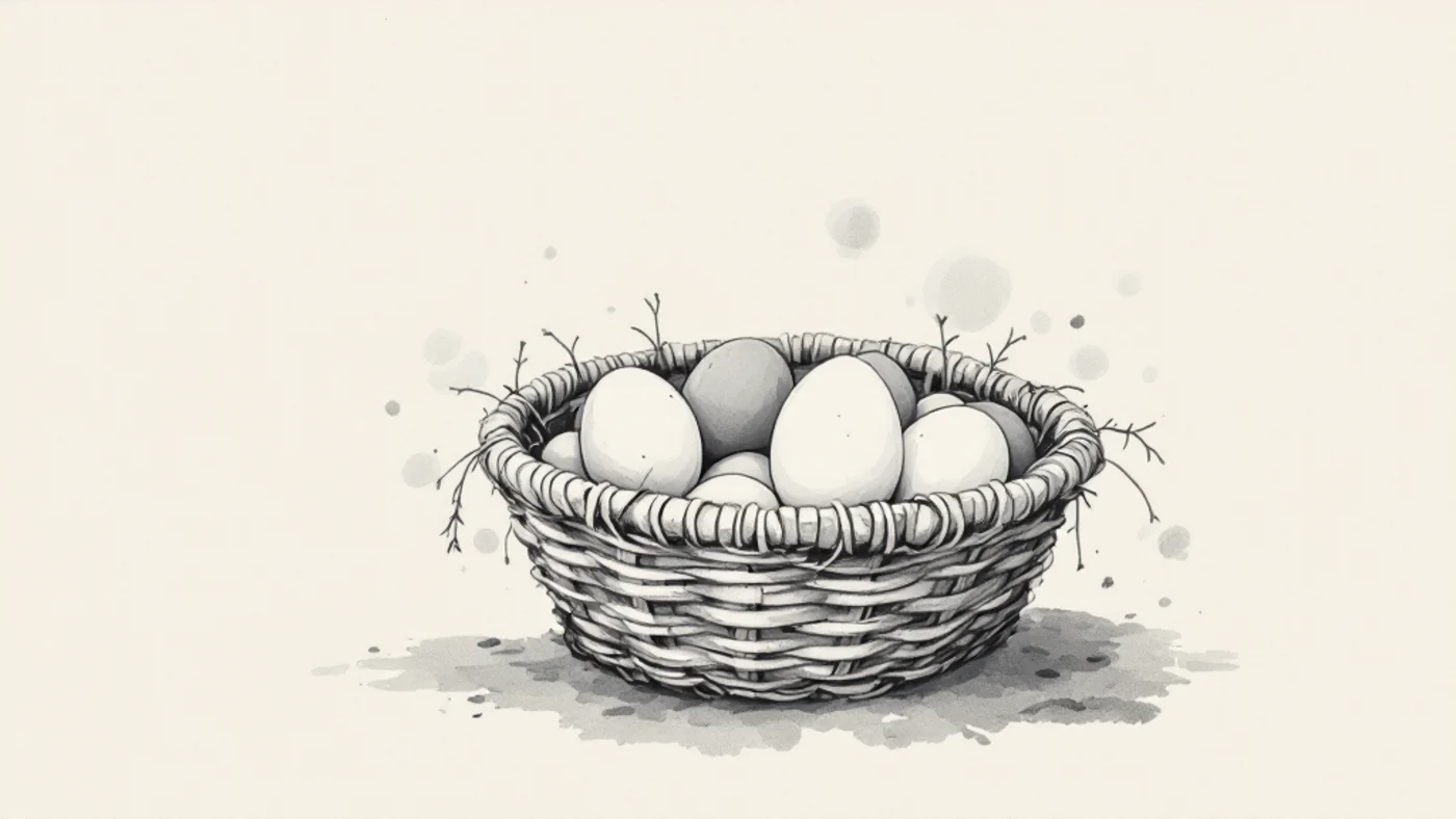A single woven basket holding many small eggs, representing owning many companies at once through one fund