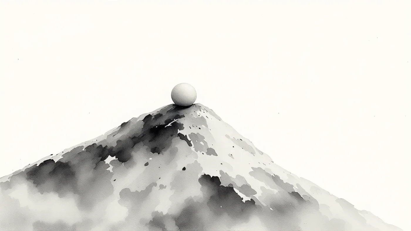 A small snowball at the top of a long slope, growing larger as it rolls, showing how steady investing builds over time