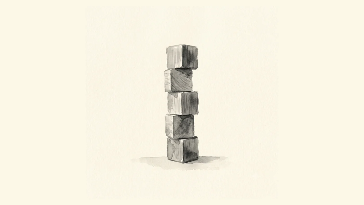 A watercolor ink-wash illustration of small wooden blocks stacked into a neat tower on cream paper, showing basic ideas building on each other