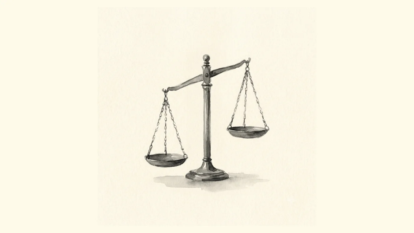 A simple ink-wash balance scale on cream paper, weighing risk on one side against reward on the other