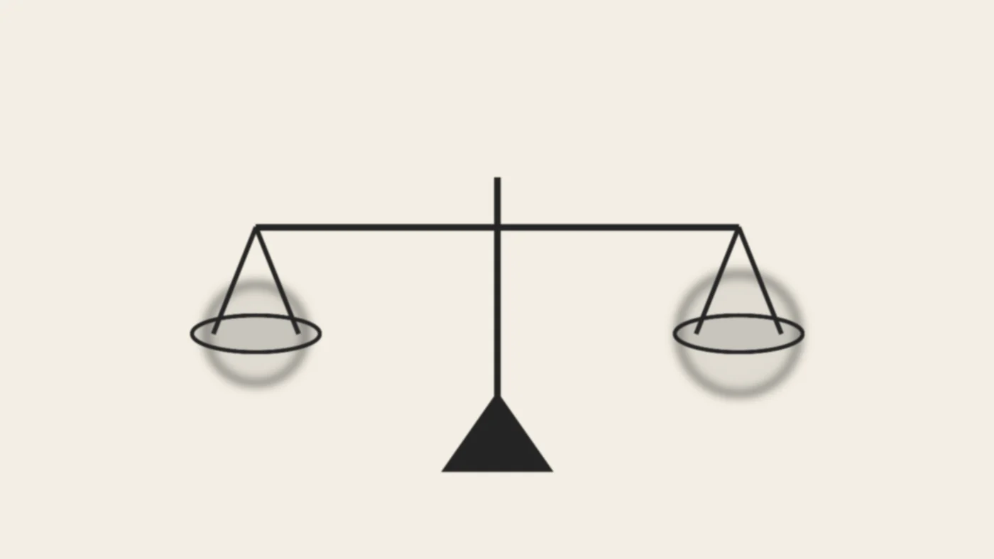 A simple ink-wash balance scale on cream paper, weighing one asset against another