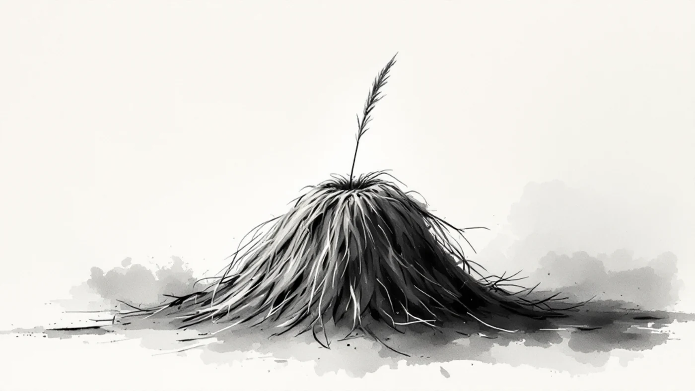 An ink-wash haystack on cream paper with a single needle glinting inside it, monochrome watercolor