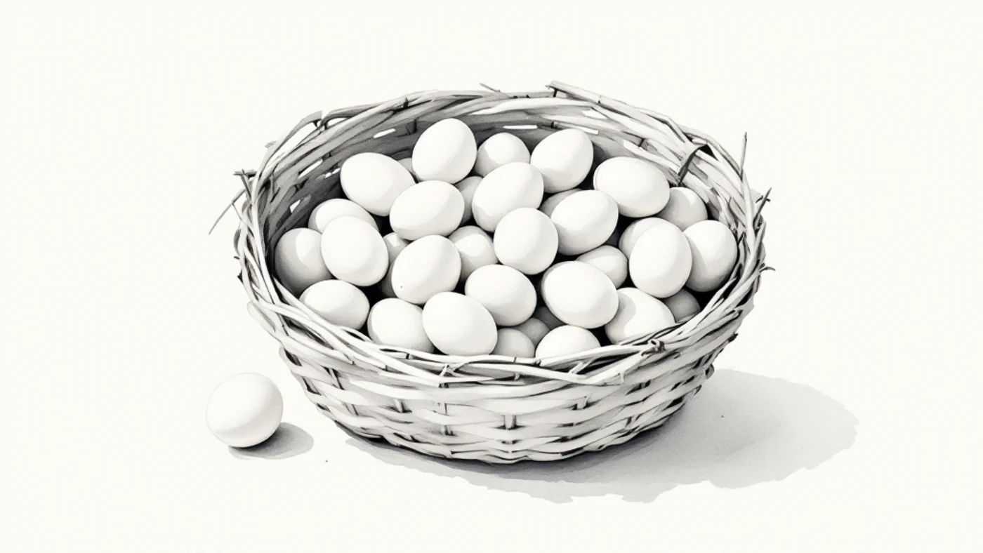 A single basket on cream paper holding many small ink-wash eggs, monochrome watercolor