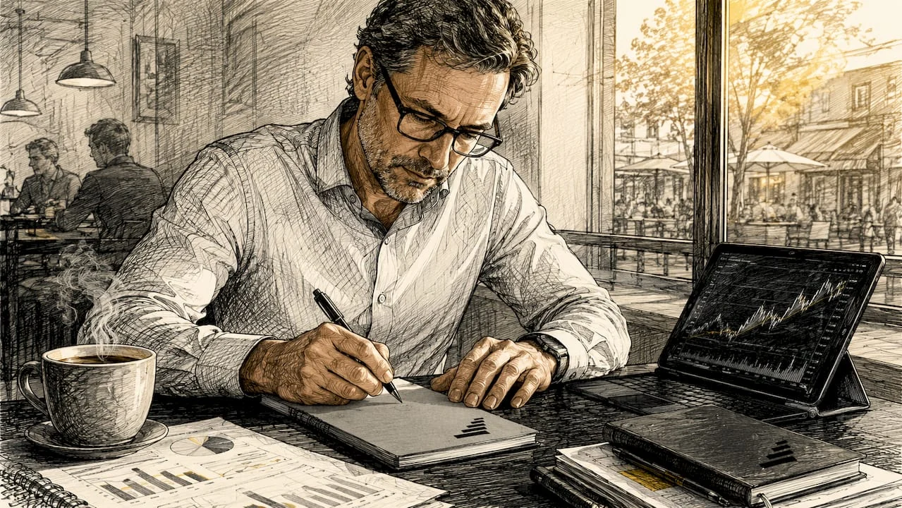 Investor taking notes at desk with charts